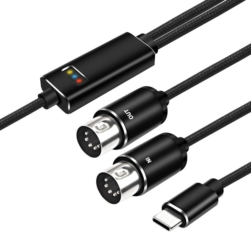 XMSJSIY MIDI to USB C Type-C Interface Cable Adapter 5 Pin MIDI to Type-C Input&Output Adapter Cord Converter for Piano Keyboard to PC Mac Laptop with LED Indicator -2M/6.5FT - Image 1